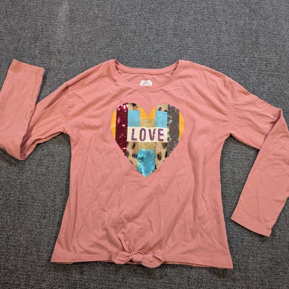 Long Sleeve Shirt Girls Size 10 Pink Heart Sequin Tie Front